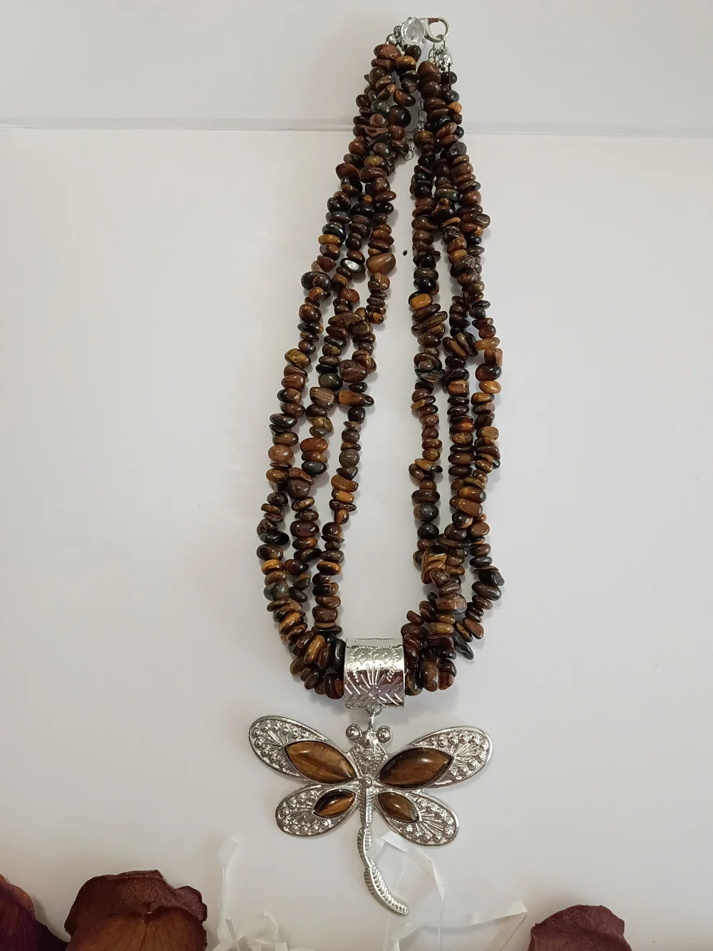 JTV Brown Tiger Eye Multi-Strand Necklace with Silver Dragonfly Pendant
